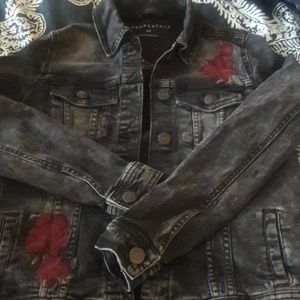 Black jean jacket with floral embroidery